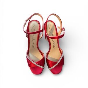 Nina Red Satin Heels with Rhinestone Detail